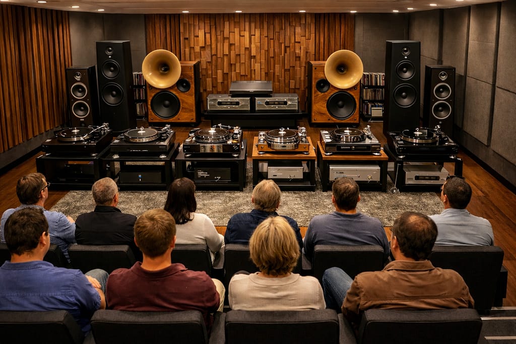Ile kosztuje tłocznia płyt winylowych – realne wydatki 5 pokój odsłuchowy tłoczni winyli z systemem audio high-end i słuchaczami – końcowy efekt produkcji płyt winylowych