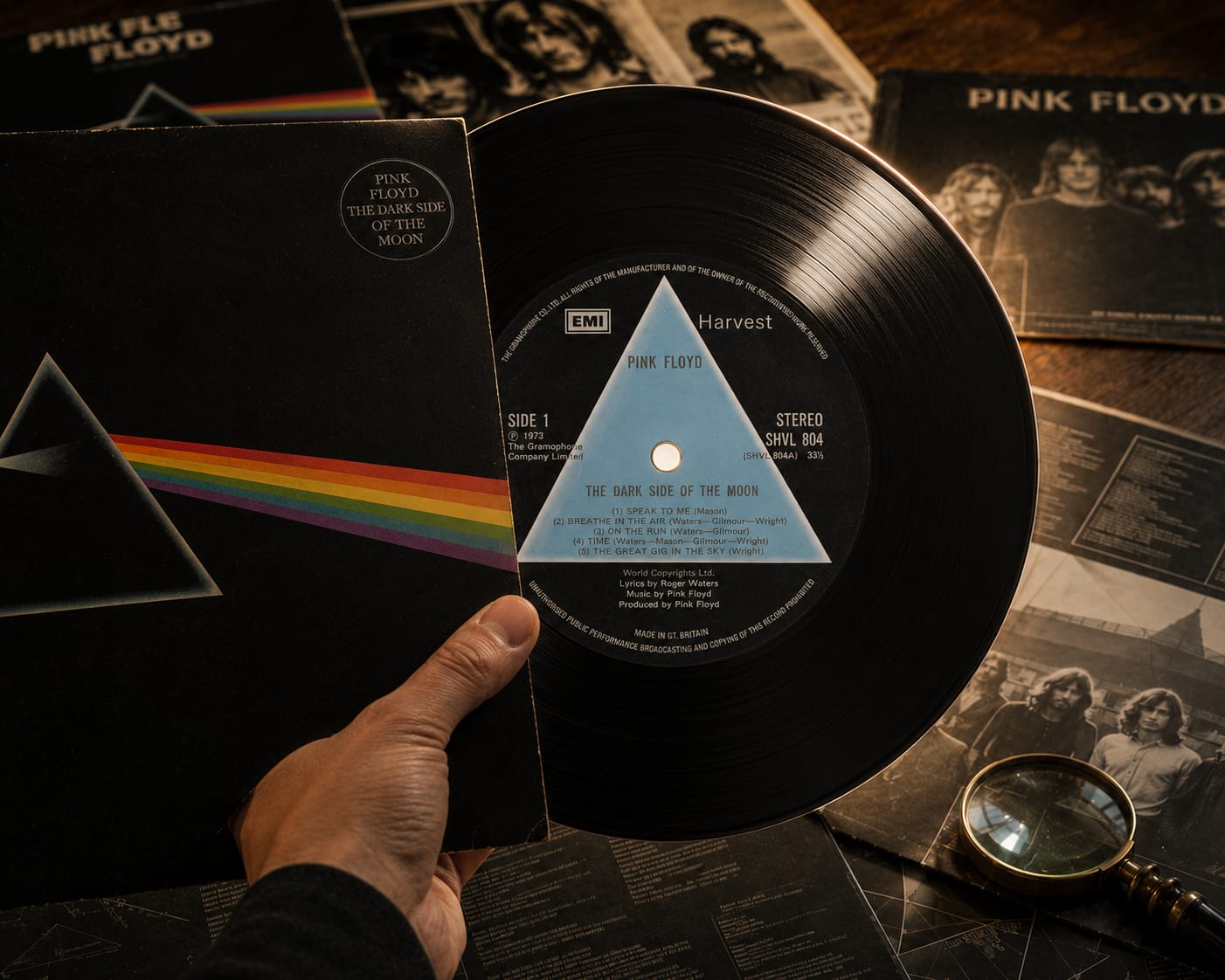 Jak rozpoznać cenne wydanie płyty winylowej? Numery matryc, tłoczenia i tajemnice rynku kolekcjonerskiego 5 Jak rozpoznać cenne wydanie płyty winylowej – pierwsze wydanie Pink Floyd The Dark Side Of The Moon Harvest Blue Triangle
