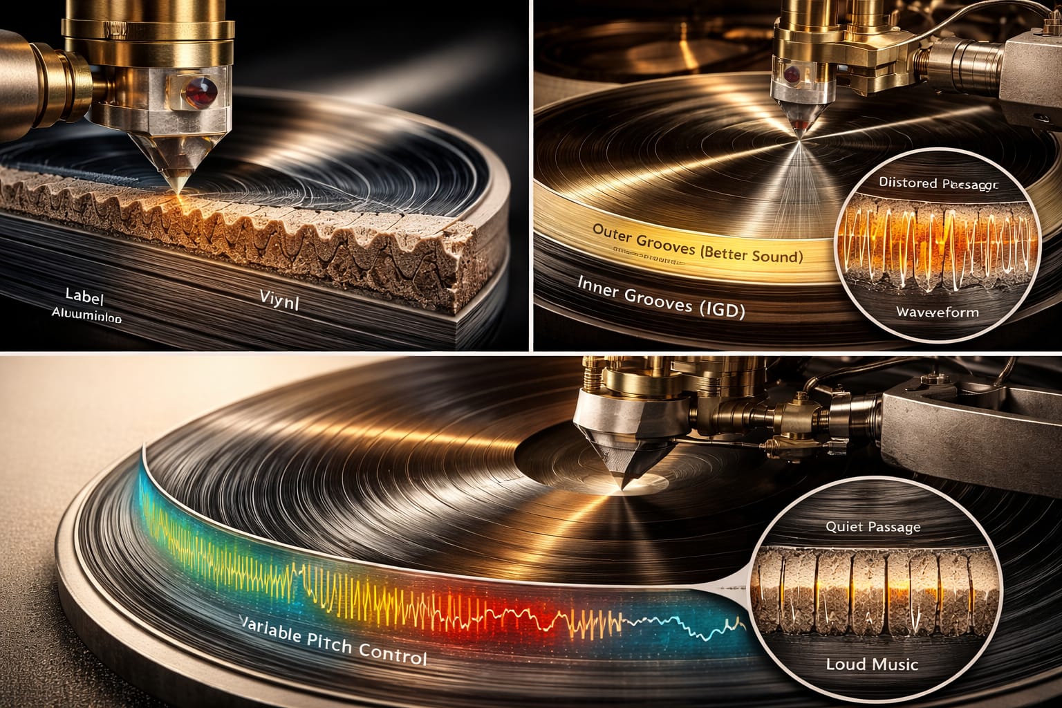 Cutting i lacquer – pierwszy zapis dźwięku w lakierze 4 cutting i lacquer – schemat rowka winylowego, inner groove distortion i variable pitch control podczas nacinania lakieru