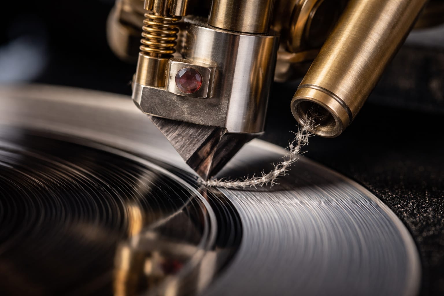 cutting i lacquer – diamentowy rylec nacina rowek w lakierze winylowym, widoczny odsysany wiór podczas procesu nacinania