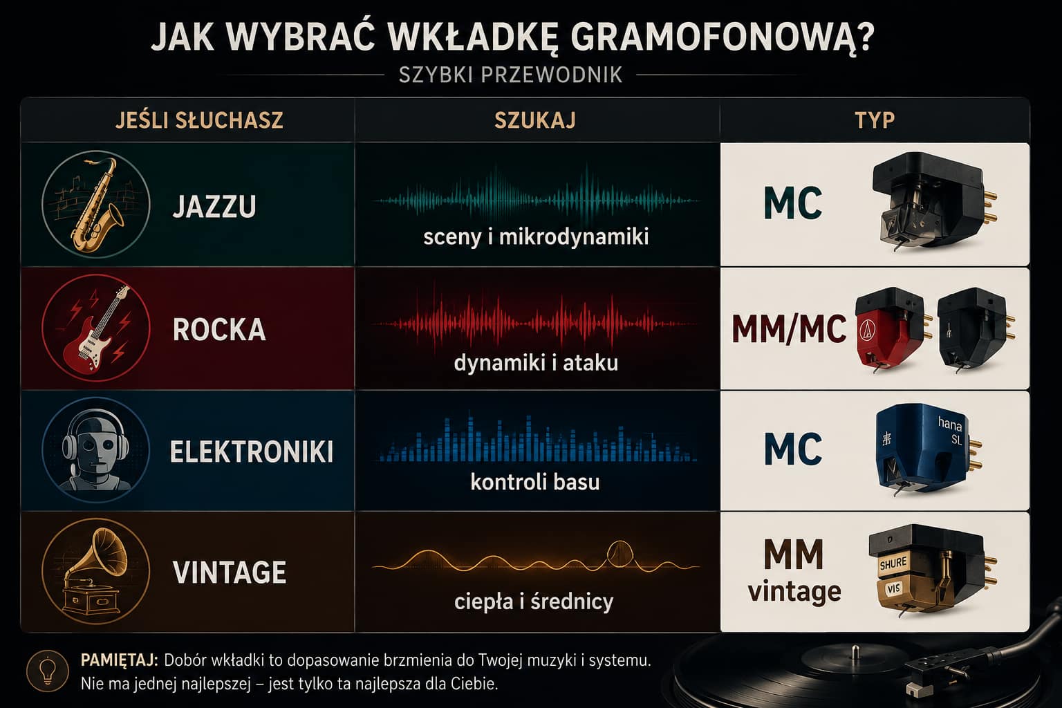 Infografika przedstawiająca jak dobrać wkładkę gramofonową do gatunku muzyki – jazz, rock, elektronika i vintage wraz z rekomendowanym typem wkładki MM lub MC.