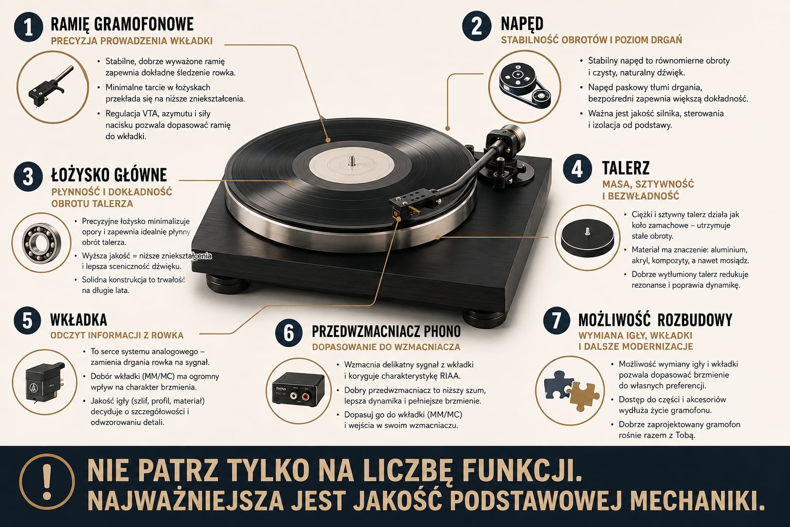 Jaki gramofon do 2000 zł kupić? Mój subiektywny wybór modeli, które warto kupić na lata 2 Anatomia gramofonu – ramię, napęd, łożysko, talerz, wkładka i przedwzmacniacz