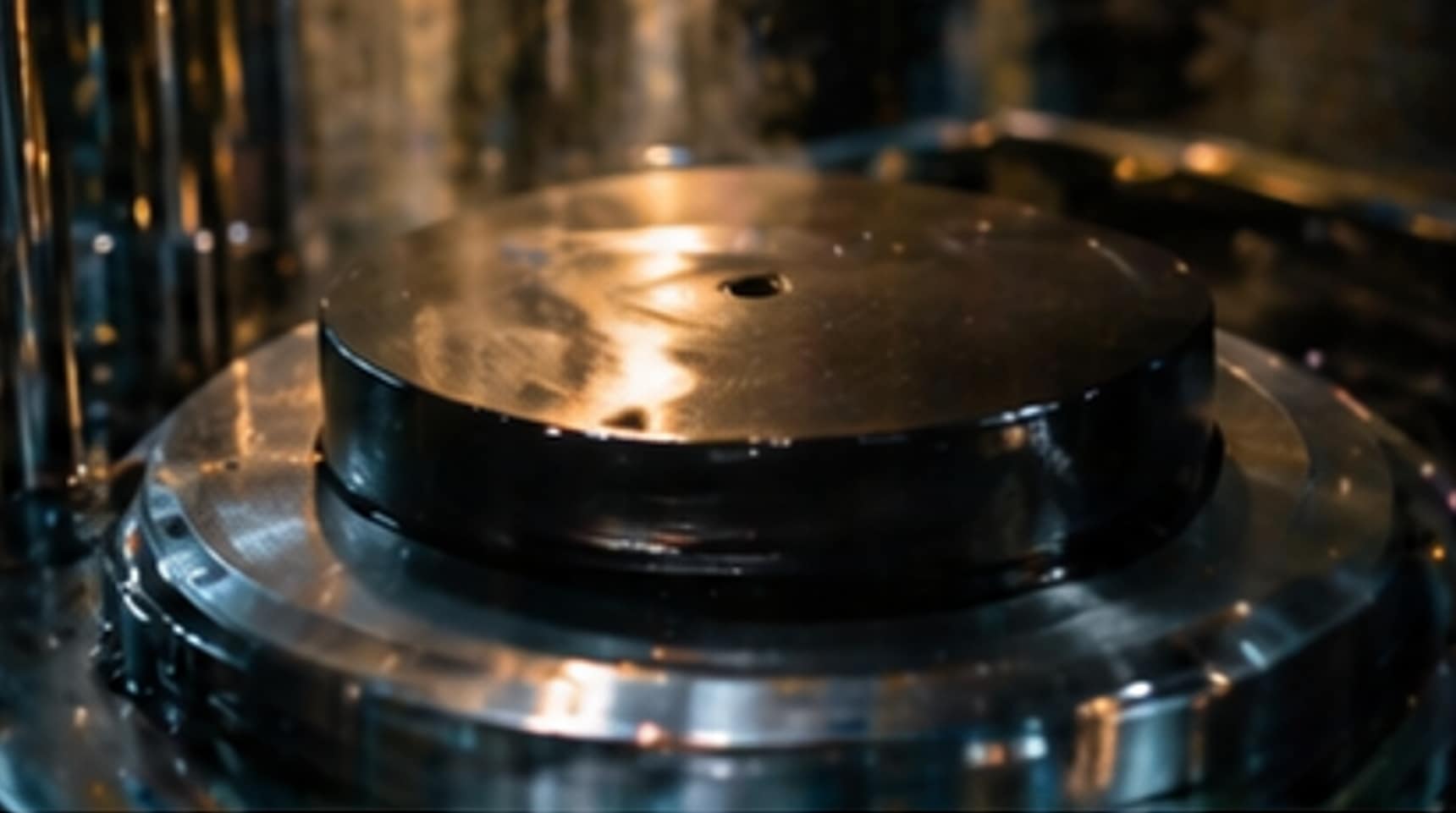 Jak tłoczy się płyty winylowe? Proces produkcji winyla krok po kroku 3 Rozgrzany puck PVC przygotowany do tłoczenia płyty winylowej