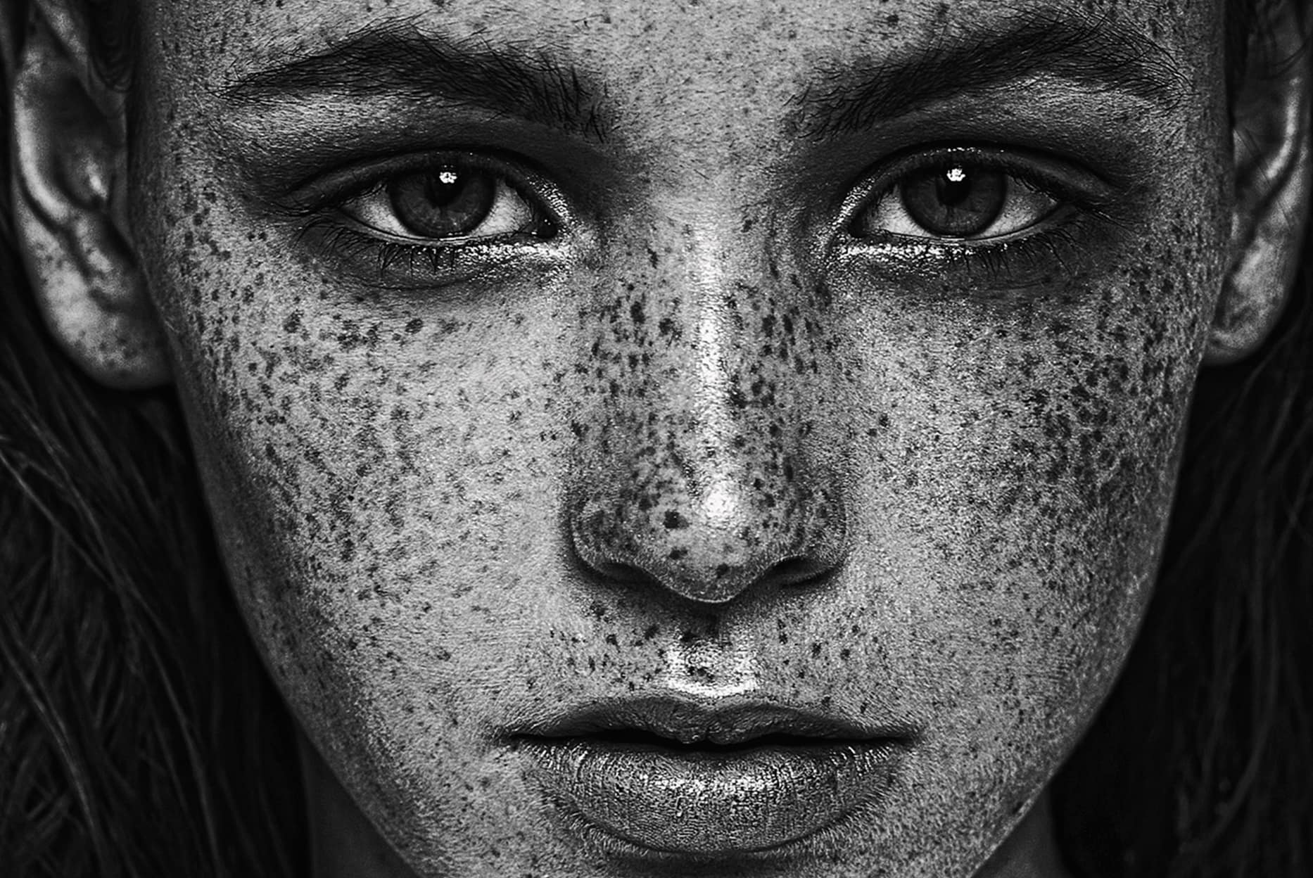 Portret kobiety z piegami profesjonalne czarno białe zdjęcie w studiu w Lublinie