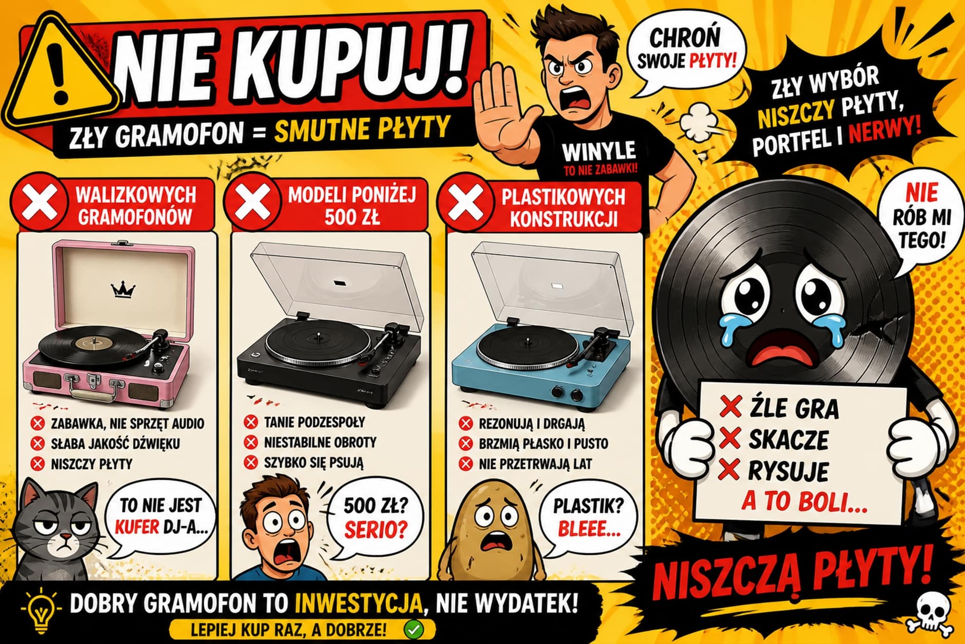 Jaki gramofon kupić? Nowy vs Vintage – co wybrać i dlaczego 4 jakiego gramofonu nie kupować walizkowy tani plastikowy niszczy płyty winylowe