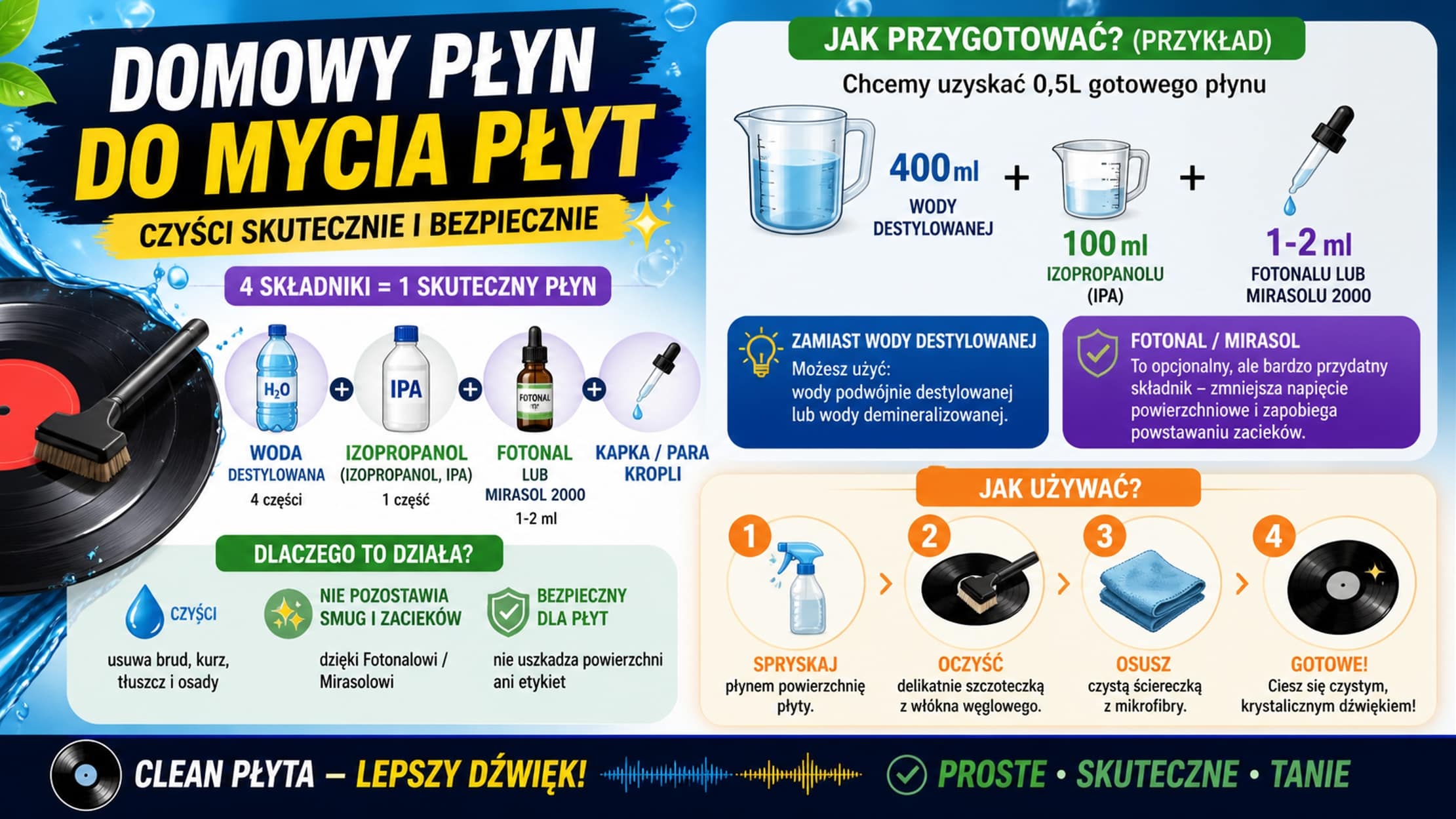 Jak dbać o płyty winylowe? Czyszczenie, przechowywanie i pielęgnacja 4 jak zrobić płyn do czyszczenia płyt winylowych proporcje ipa woda destylowana przepis