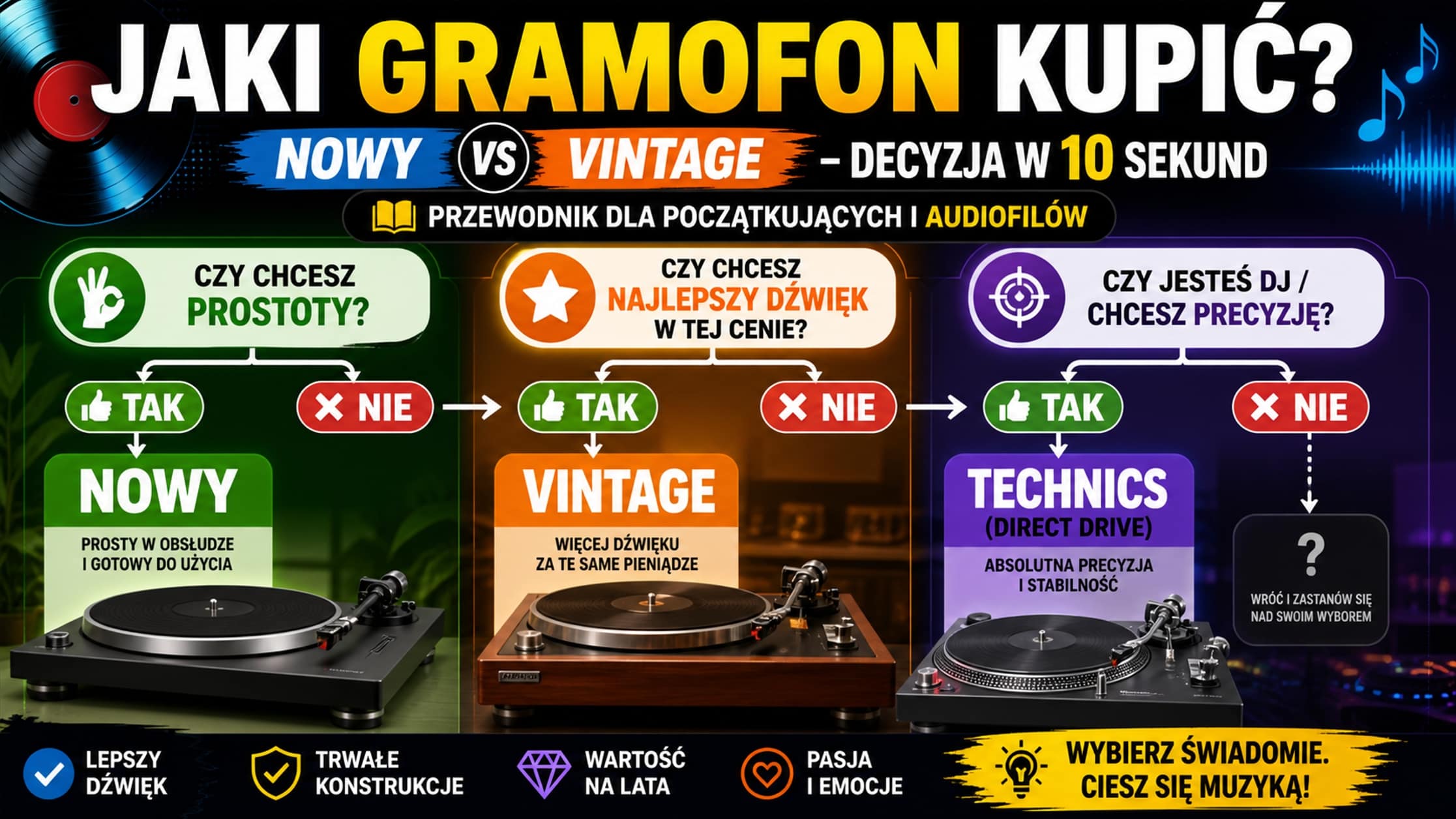 jaki gramofon kupić poradnik infografika nowy vs vintage porównanie wow flutter budżet
