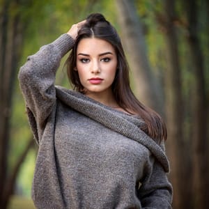 Portret plenerowy – naturalne światło Naturalny portret kobiety w szarym swetrze wykonany w plenerze leśnym, miękkie światło dzienne, płytka głębia ostrości i subtelne kolory podkreślające klimat fotografii portretowej