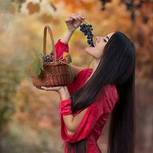 Jesienne winogrona Kobieta w czerwonej sukni z koszem winogron podczas jesiennej sesji plenerowej, fotografia lifestyle o ciepłych barwach i romantycznym klimacie