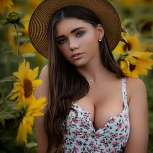 Portret w słonecznikach Portret kobiety w słonecznikach z kapeluszem, fotografia beauty lifestyle w ciepłych barwach lata, naturalne światło i miękka głębia ostrości w stylu editorial