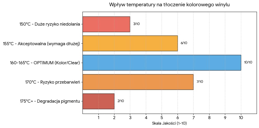 PVC i granulat winylowy – jak materiał wpływa na jakość płyt winylowych? 8 Wykres wpływu temperatury tłoczenia na jakość kolorowych i transparentnych płyt winylowych od 150°C do 175°C.